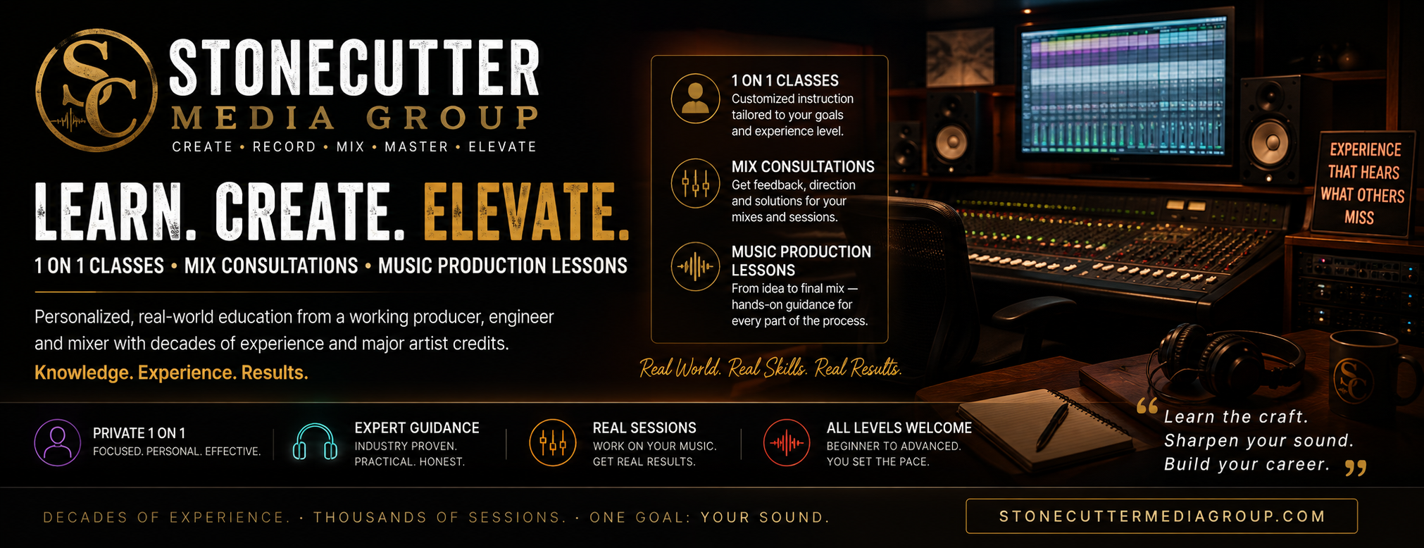 Stonecutter Media Group banner - private 1-on-1 music production lessons, mix consultations, and recording education from platinum producer/engineer Chris Steinmetz