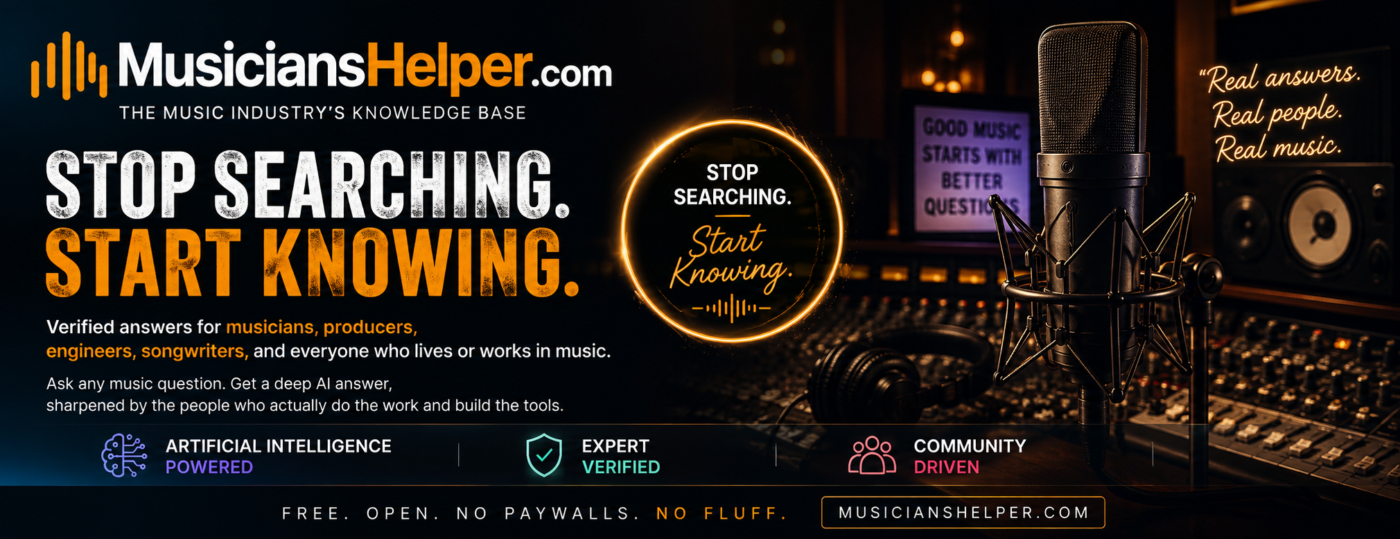 MusiciansHelper.com banner - the music industry's free AI-powered knowledge base for musicians, producers, and engineers