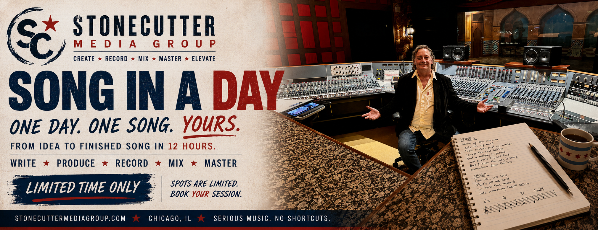 Stonecutter Media Group Song in a Day promo - write, produce, record, mix, and master a complete song in 12 hours with platinum producer/engineer Chris Steinmetz, limited time offer